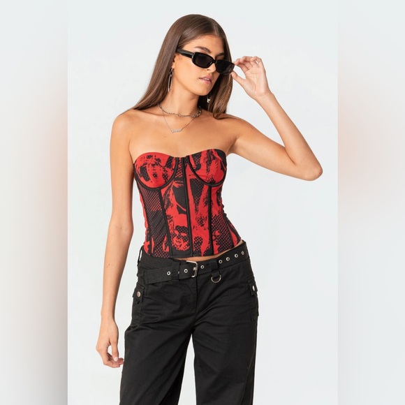 Edikted Aly Mesh Corset Top Red - Size Smalll - Picture 4 of 8